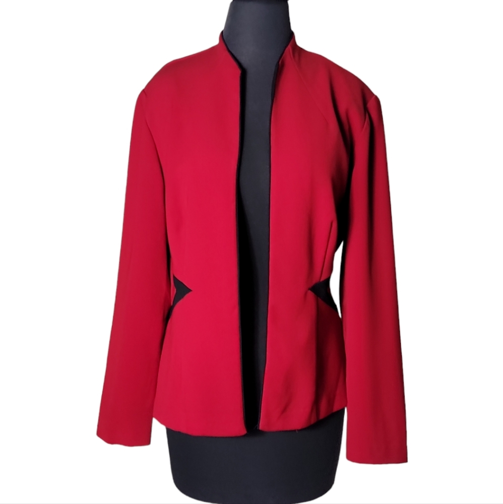 Sheri Martin red open front blazer black trim jacket women’s size 10